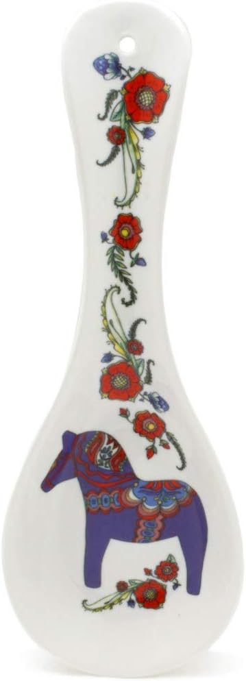 ScandinavianGiftOutlet - Decorative Ceramic Spoon Rest for Stove Top - 10" Swedish Dala Horse Design | Kitchen Essentials Utensil Holder, Blue | Dimensions (LxWxH): 1 X 3.5 X 10 Inches.