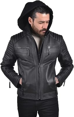 Mens Handmade Genuine Leather Biker Motorcycle Hooded Cap Removable hoodie Double Zip Jacket