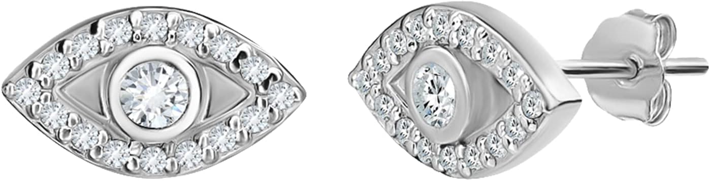 Sea of Ice Sterling Silver CZ Cubic Zirconia Dainty Evil Eye, Infinity, Hamsa Hand of God, Horseshoe, Moon Minimalist Stud Earrings for Women - Elegant Sterling Silver Earrings for Women Nickel-Free