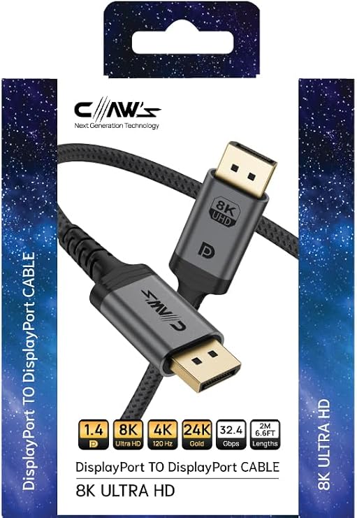 Claw's 8K UHD DisplayPort v1.4 32.4 Gbps / 24K Gold/Aluminum Body 8K 60Hz-4K 120Hz-2K 240HZ-FHD 240Hz Supported G-Sync & FreeSync 2 Meter Premium DisplayPort Cable (C-DPP-B1)