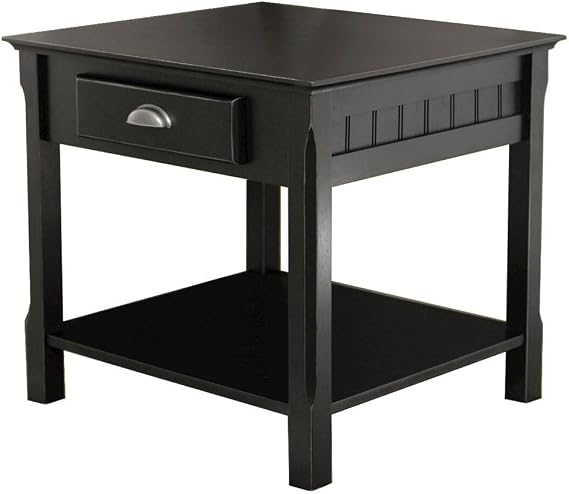 Furnifact Black End Table, Side Table with Drawer and Open Storage Shelf, Square Living Room Furniture, Solid Wood Accents