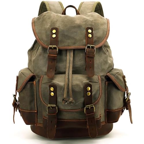 HuaChen Vintage Canvas Leather Backpack: Spacious Durable Rucksack for Men & Women, Perfect for Travel and College Life - M86 Army Green Coffee