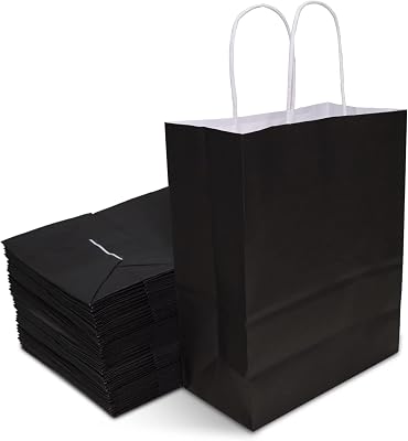 TOWRAP Black Gift Bags - 100 Pcs, 8x4.25x10.5 Inch Kraft Paper Bags with Handles for Shopping, Parties, Retail, Merchandise, Favors