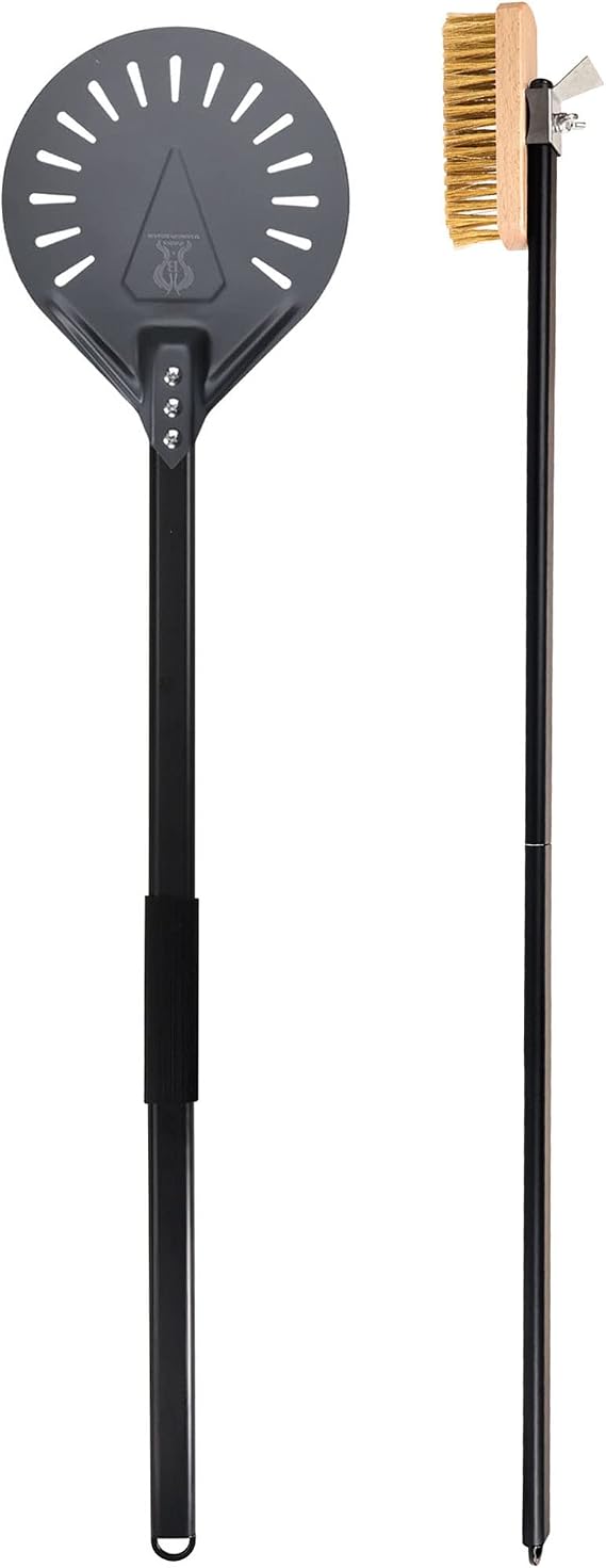 Pizza Oven Brush and 9 Inch Turning Pizza Peel Set Perforated Pizza Peel With 40-Inch Aluminum Handle Pizza Oven Accessories...