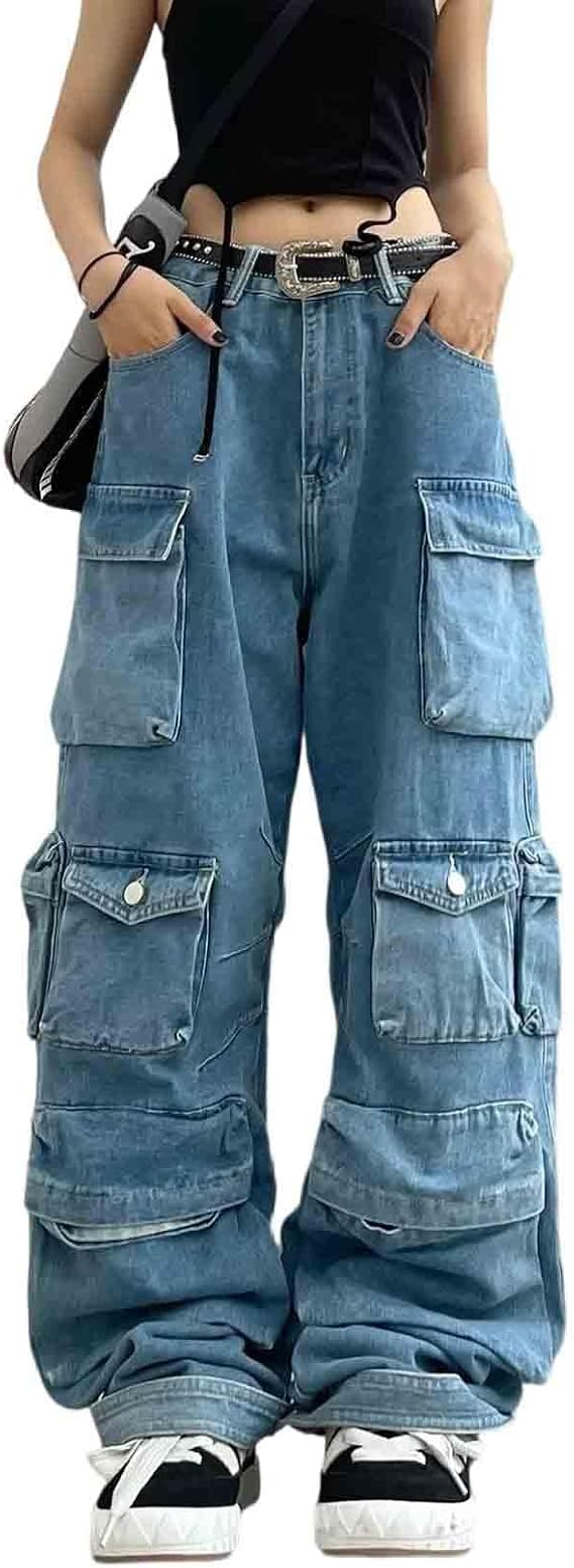 Women's Cargo Pants Y2K Clothing Multi-Pocket Relaxed Fit Jeans Grunge Clothes Alt Emo Hip Streetwear