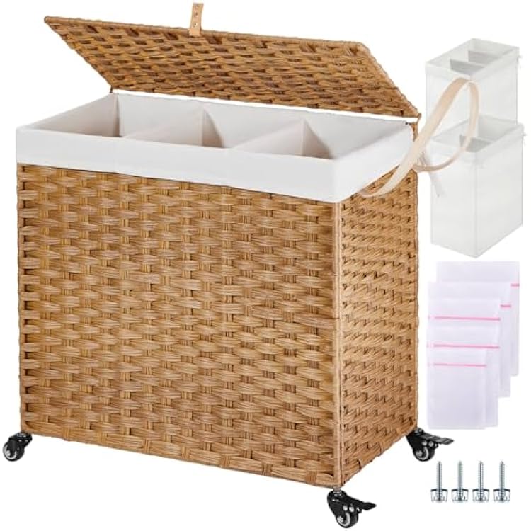 Greenstell Laundry Hamper with Wheels&Lid, 130L Large 3 Sections Clothes Hamper with 2 Types Removable Liner Bags, 5 Mesh Laundry Bags, Handwoven Divided Laundry Basket for Clothes, Natural