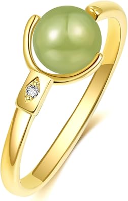 Natural Hetian Jade Ring for Women, Dainty Lucky Green Jade Rings Handmade Adjustable Rings Jewelry Gift for Valentine and Mom (925 Sterling Silver with Gold Plated)