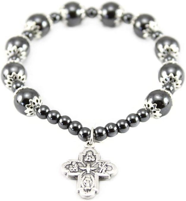 Rosary Bracelet Elastic Hematite Capped Beads Four Way Cross