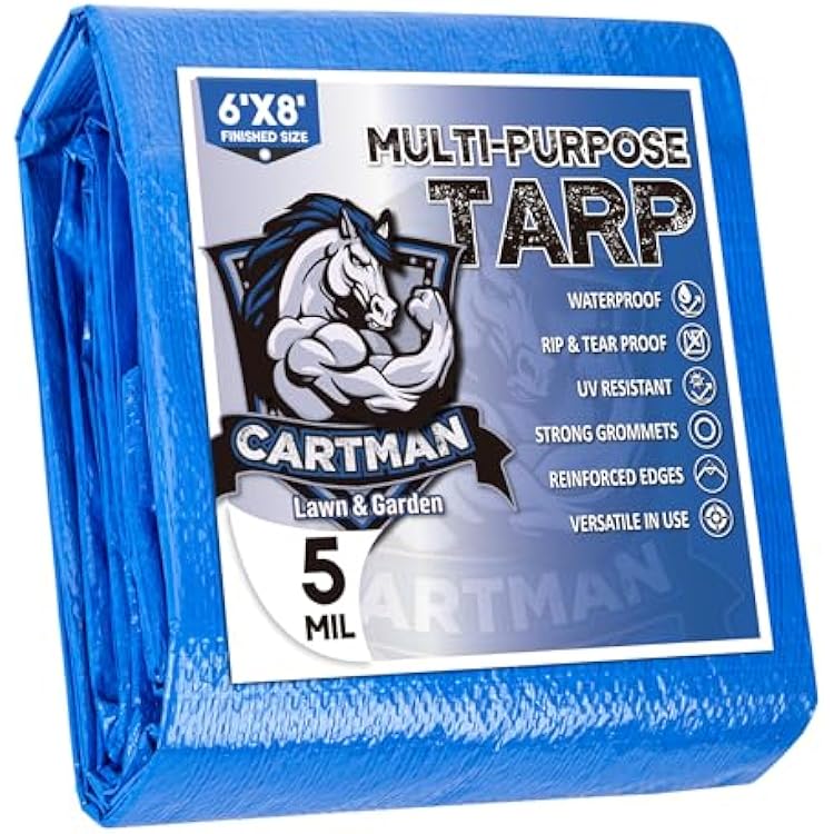 CARTMAN Finished Size 6x8 Feet Blue Poly Tarp 5 Mil Thick, Multipurpose Protective Cover for Camping, Tent, Boat, RV, Car