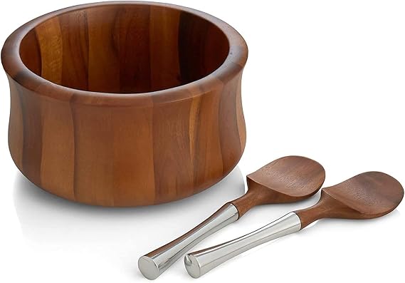 nambe Nara Salad Bowl with Servers | 3-Pc Set | Wooden Salad Bowls with Serving Utensils | Big Mixing Bowl for Fruits, Salad, Pasta | 10.5" Diameter x 5.5" Height | Made of Acacia Wood