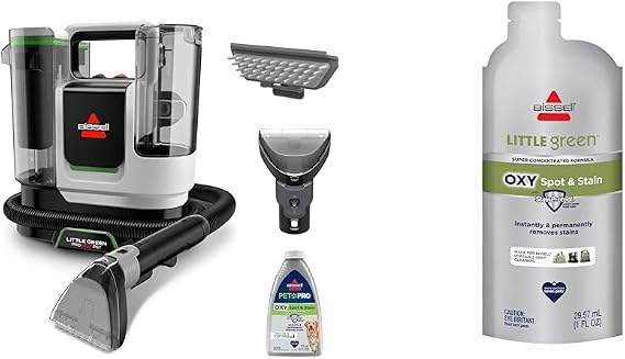BISSELL Little Green Proheat Pet, Portable Deep Cleaner with Heated Cleaning Technology + NEW BISSELL Little Green Pro Oxy Spot & Stain Super Concentrate Cleaning Formula
