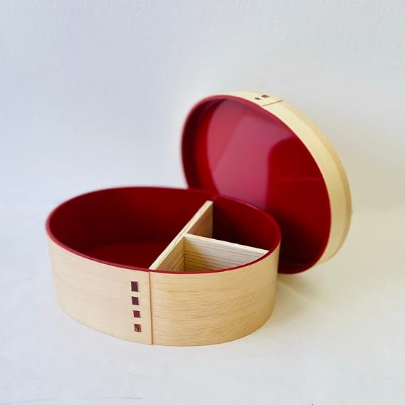 Magewappa Japanese UCHISHU (inside red color) Wooden Bento Box with Compartments for Rice, Meat, and Vegetables