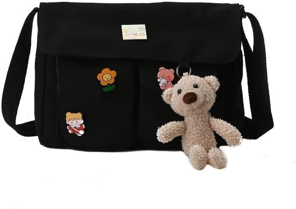 PRAGARI Canvas Crossbody Bag Messenger Cute Bag with Pins and Pendant for Women Girls Casual Shoulder Aesthetic School bag