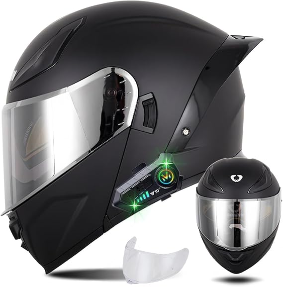 Bluetooth Modular Motorcycle Helmet, Flip Up Full Face Motorcycle Helmets for Men & Women with Tinted and Clear Visor Meet DOT Approved, Lightweight Motorbike Street Sport Bike Helmet
