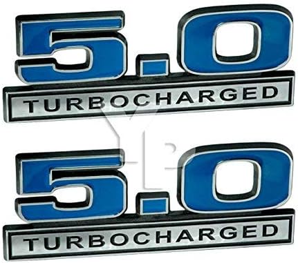 5.0 Liter 302 Engine Turbocharged Emblems Badges in Chrome & Blue - 5" Long Pair