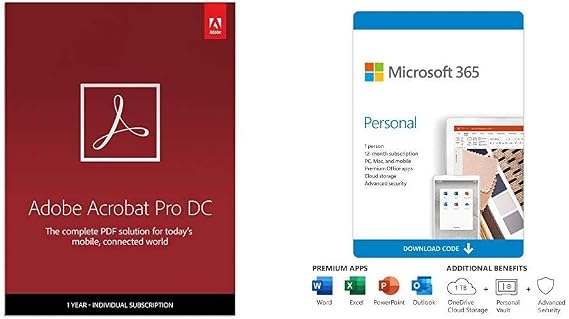 Adobe Acrobat Pro DC PDF Converter 12-month, Auto-renewing Subscription plus Microsoft 365 Personal 12-Month, Auto-renewing Subscription, PC/Mac