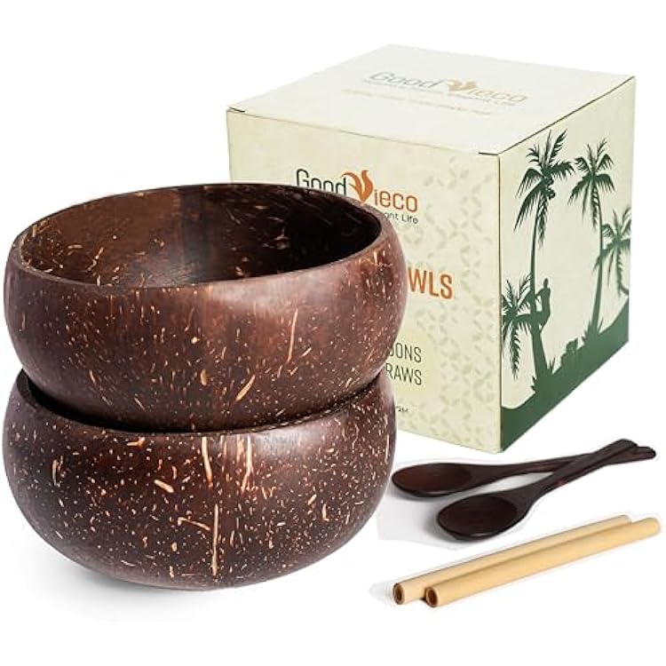Coconut Bowl Set 2, Polished Natural Coconut Shell Bowls with Bamboo Straws & Wooden Spoons Eco Friendly Gifts for Vegan, Smoothie, Acai, Buddha, Yogurt & Sustainable Meals