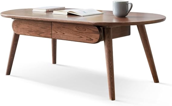 Mid Century Modern Oval Coffee Table with Storage - Simple Assembly (Walnut, 47.24")