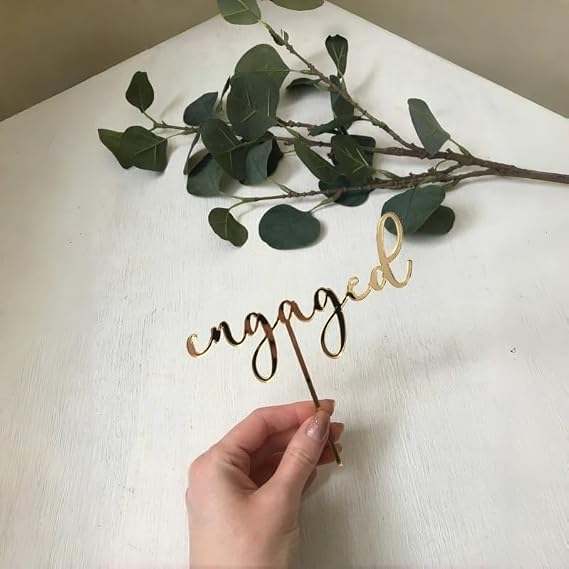 Elegant Gold 'Engaged' Wedding Cake Topper, Acrylic Script Design Engagement Wedding Party ,Wedding Anniversary Bridal Shower Decorations Supplies