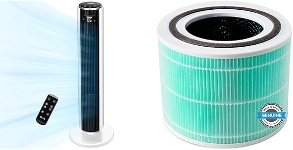 LEVOIT Tower Fan for Bedroom, 25ft/s Velocity 28dB Cooling Fan with Remote, Bladeless and 90 Oscillating & Core 300 Air Purifier Toxin Absorber Replacement Filter, 3-in-1 HEPA, High-Efficiency