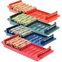 Nadex Rolled Coin Storage Organizer Tray Set with Ridges for Loose Coins | Quarters, Dimes, Nickles, and Penny Color Coded Trays
