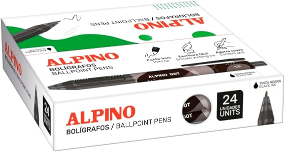 Alpino - Box of 24 Dot Pens - Black Ink | Retractable System Design | Soft Grip and Non-Slip | 1mm Tip | High Quality Ink and Quick Drying