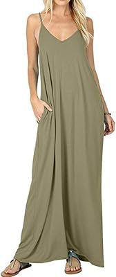 Womens Casual Strappy V Neck Sleeveless Dress with Pockets Loose Long Maxi Beach Sundress