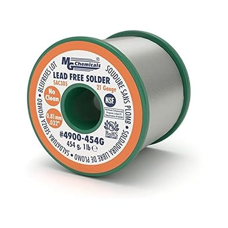 MG Chemicals 4900 SAC305, 96.3% Tin, 0.7% Copper, 3% Silver, No Clean Non Leaded Solder, 0.032" Diameter, 1 lbs Spool, 454G, Pack of 1