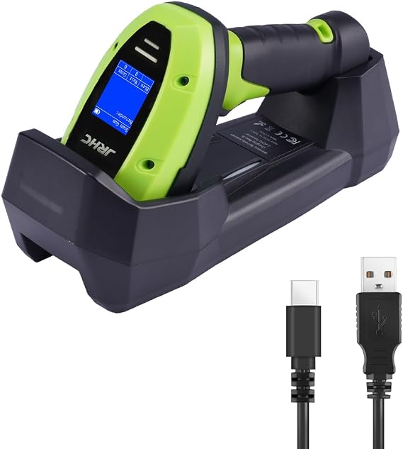 Barcode Scanner Wireless, 1D CCD Automatic Bar Code Scanner with 1.8 Inch Display Screen, Rechargeable Handhold Barcode Reader with 2.4G Receiver & USB Wired Plug and Play (Green)