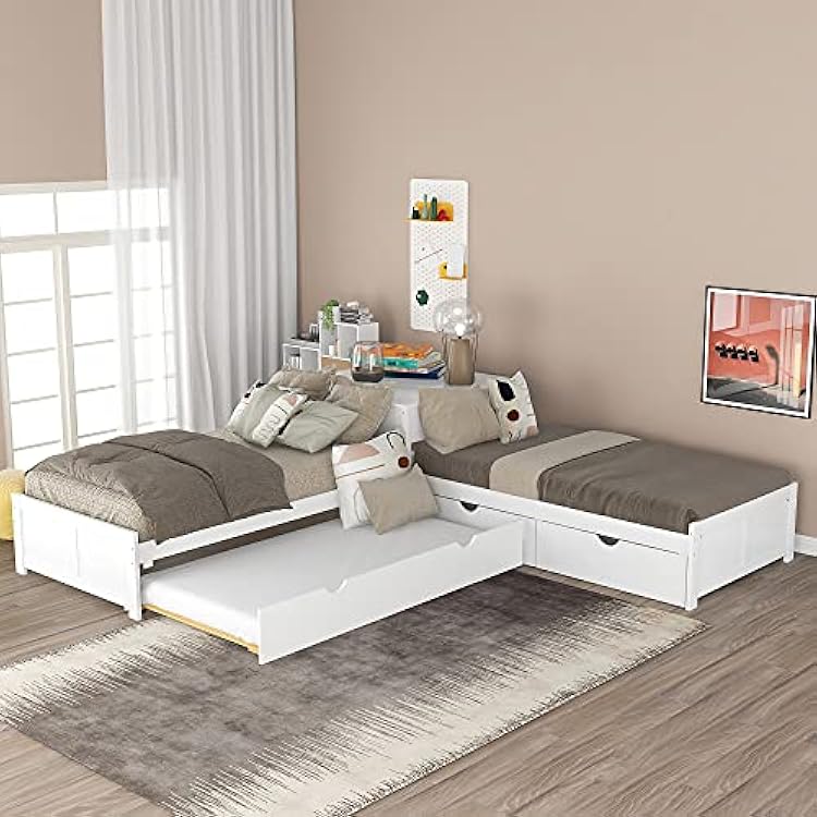 L-Shaped Platform Bed with Trundle and 2 Storage Drawers, Wooden Corner Unit Bed Frame Linked with Built-in Desk, Bedframe 3 in 1 Wood Beds Frame for Kids White