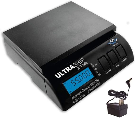 UltraShip 55 lb. Digital Postal Shipping & Kitchen Scale | Four modes, tare and hold functions, programmable auto-off, AC or battery power