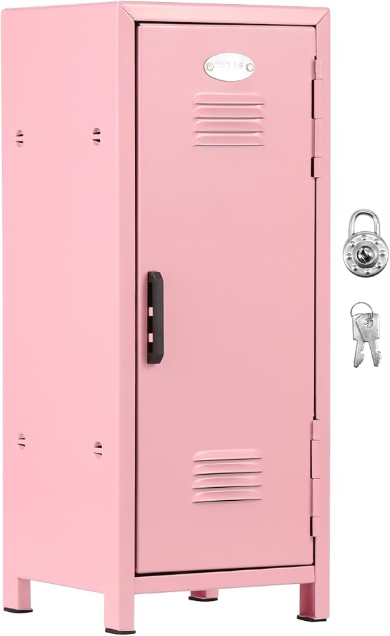 Mini Locker with Lock and Key, Rustproof Metal Small Locker for Desktop, Girls Desktop Store Organizer, Money Safe and Cash Lock Case for Girls (Pink)