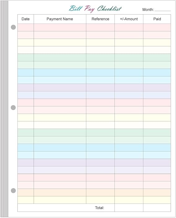 A4 Bill Payment Checklist Refills Paper - 3-Hole Punched Loose Leaf Budget Planner Refill, 50 Sheets/100 Pages Colorful Monthly Budget Forms, 100 gsm White Paper, 8.5" x 11"