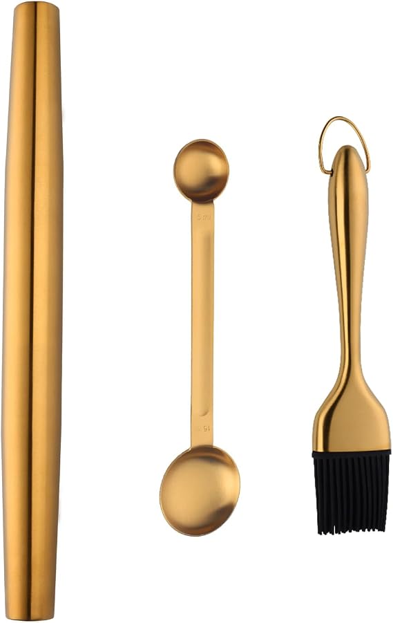 TEHAHA Gold Baking Tool Set - 13 Inch Stainless Steel Rolling Pin,Oil Brush, Measuring Spoons,Use for Baking Fondant,Pizza,Pie,Pasta,Dough (3pcs)