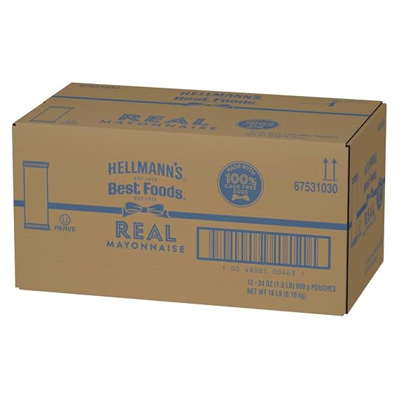 Hellmann's Real Mayonnaise Pouches, 24 Oz, 12 Pack | Made with 100% Cage Free Eggs, Kosher, Maintains Cling & Stability When Heated, for Sandwiches, Burgers, Dips & Dressings
