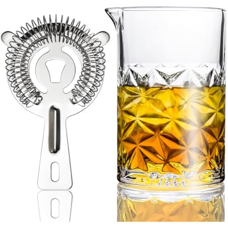 Cocktail Mixing Glass with Strainer Set, 24 oz Crystal Stirring Glass with 304 Stainless Steel Strainer, Elegant and Professional Barware Tools, Bartender Gifts for Men, Housewarming Gift