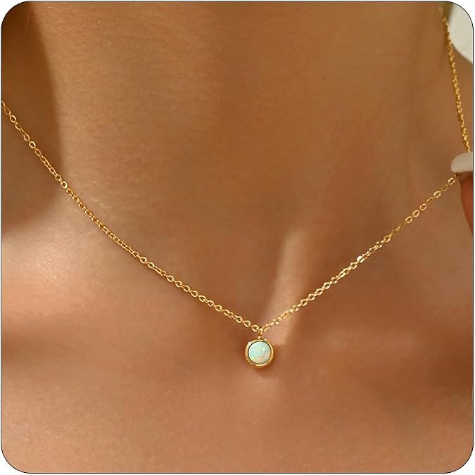 Opal Necklaces for Women Dainty 18K Gold Plated Created Opal Pendant Necklace Simple Round Opal Jewelry Gift