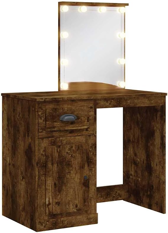 Dressing Table with LED Lights and Mirror, Smoked Oak Vanity Table with 1 Drawer and Compartment, 90x42x132.5 cm Makeup Desk with Adjustable 3-Color Lighting