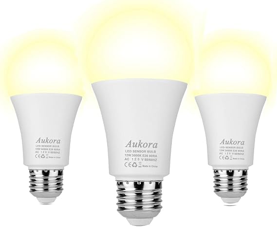 Dusk to Dawn Light Bulb, Aukora Smart Sensor LED Light Bulb, 12W (100-Watt Equivalent), 3000Kelvin, E26 Base Automatic On/Off Led Bulb Outdoor/Indoor for Porch Garage Patio Garden(Warm White, 3 Pack)