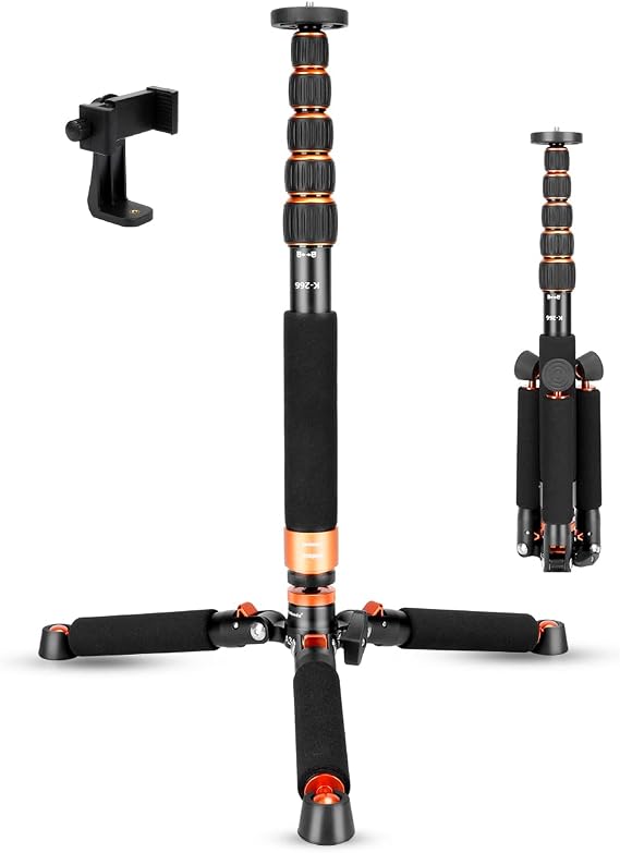 Koolehaoda 69" Aluminum Camera Monopod with Tripod Base, 6 Sections | 6-Section Adjustable Height 18"-69", 28mm Leg, Metal Tripod Base, Load Capacity 13lbs/6kg, for DSLR Mirrorless Camera