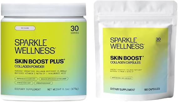 Sparkle Wellness Skin Boost Plus (No Flavor) [30-Serves] & Capsules (180 Pills) | VERISOL Bioactive Hydrolyzed Collagen & Vitamin C to Improve Skin, Hair & Nail Health