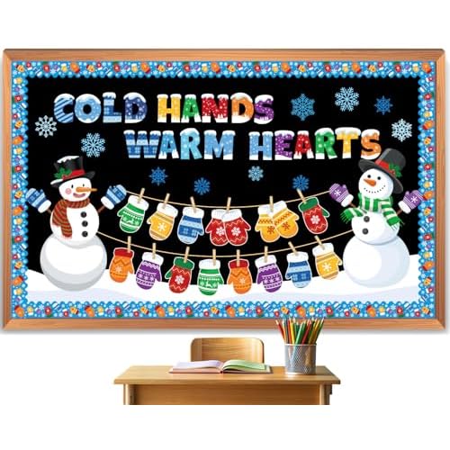 Winter Bulletin Board Decorations, 96 Pcs Winter Snowman Christmas Bulletin Board Decorations Set for Classroom, Cold Hands Warm Hearts Cutouts School Door Decor