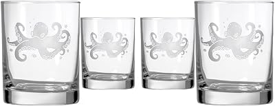 Rolf Glass Octopus Double Old Fashioned Glass Set of 4, 14 oz, Clear