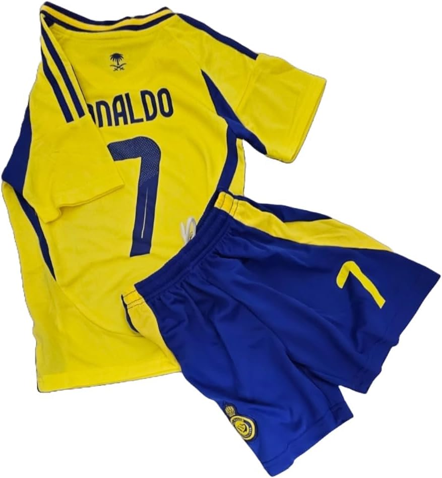 1 Stop Soccer Ronaldo CR7 Jersey Kids Uniform AL NASSR Fc Saudi Arabia Blue and Yellow