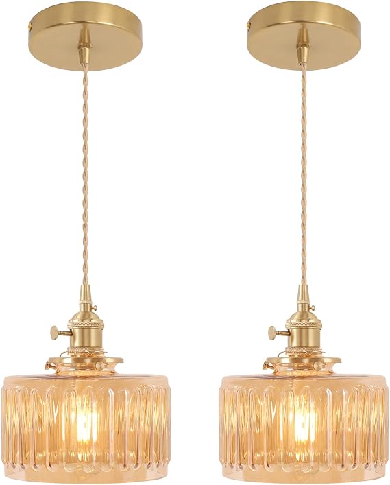 Shenmoyl Pendant Light 2 Pack with Amber Striped Glass Lampshade, Brass Vintage Pendant Light Adjustable Hanging Light for Kitchen Island Dining Room Hallway