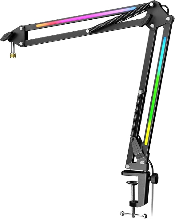 FIFINE Mikrofon Bom Kolu, RGB Kontrollü Metal Ayarlanabilir Mikrofon Kol Standı, 1 cm ila 0,6 inç Vida Adaptörü, Masa Montaj Kelepçesi, Oyun Akışı için Süspansiyon Makaslı Mikrofon Standı | Oyun RGB Mikrofon Kolu, Masa Montaj Kelepçesi, 1 cm ila 0,6 inç Vida Adaptörü, Kayıt Akışı için
