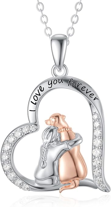 LONAGO Animal Necklace 925 Sterling Silver I Love You Forever Hugging Cat Dog Pendant Necklace for Women Gifts