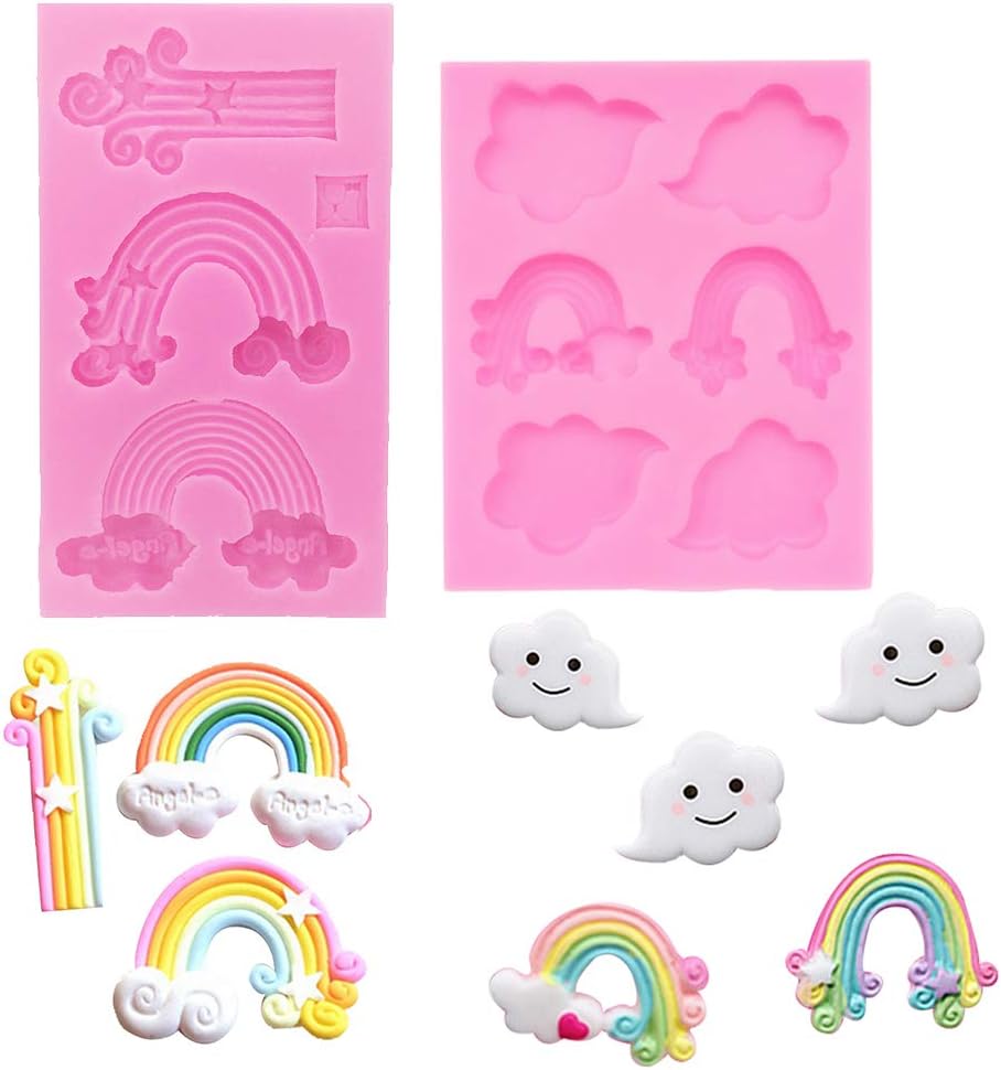 Fewo Rainbow and Cloud Fondant Molds Silicone Gum Paste Polymer Clay Resin Sugar Craft Mould Birthday Party Baby Shower Cake Cupcake Decorating Tools Favors Set of 2