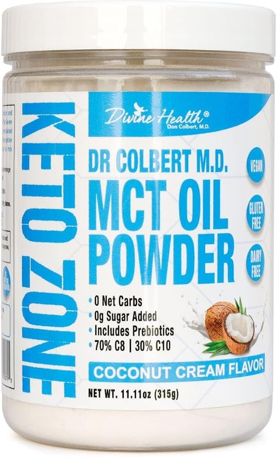 Dr. Colbert, MD MCT Oil Powder | Coconut Cream Flavor | by Divine Health | Keto Zone | 75/C8 25/C10 | 0 Net Carbs | 30 Day Supply | 315g