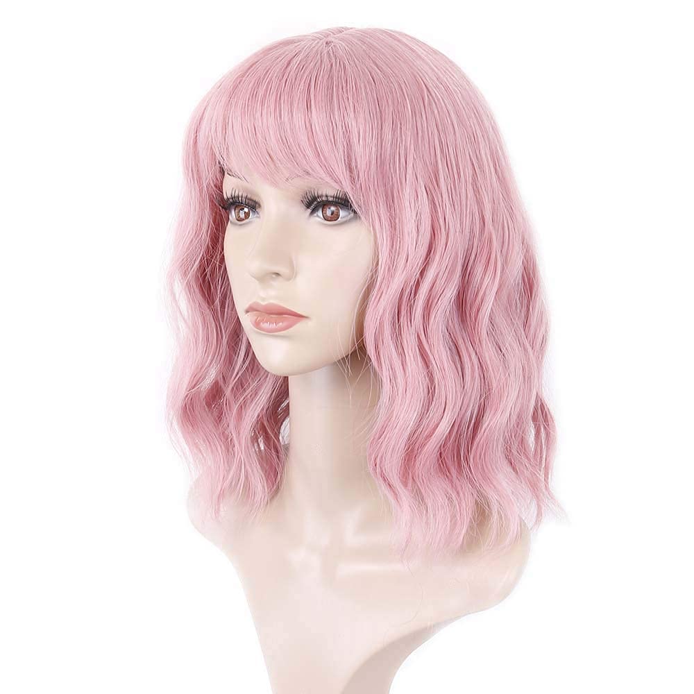 KAIFA Beauty Short Curly Hair Bob Wavy Wig, Ladies Glamour Synthetic Wig With Air Bangs BOB Wig for Women Shoulder Length Wavy Helloween Wig Daily Hair，Party Wigs for Girl 14inch, pink